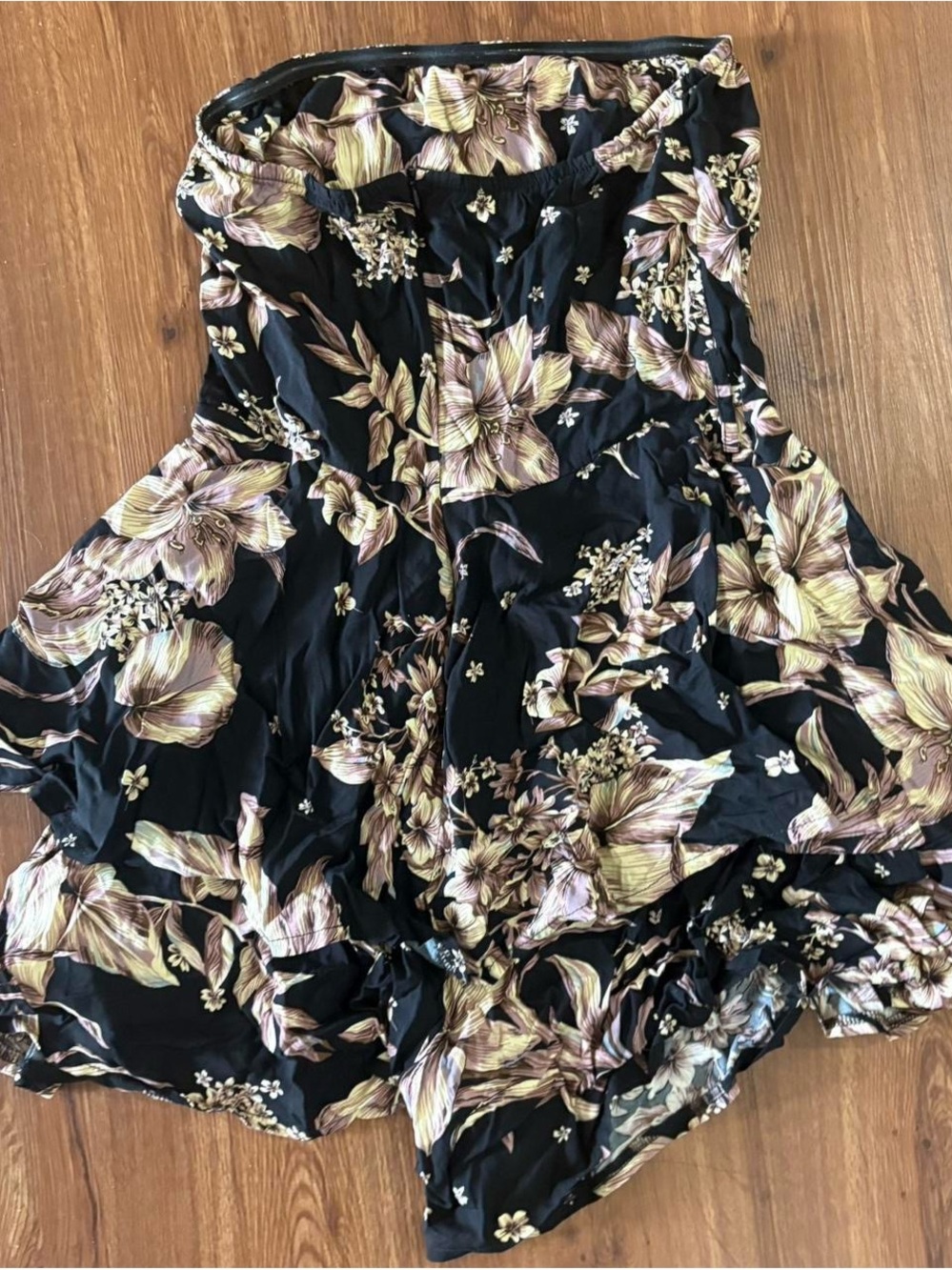 Black Floral Strapless Romper with Neutral Blooms
